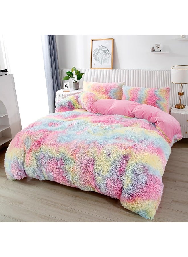 PERFEMET 3 Pcs Faux Fur Pink Comforter Set Queen Fluffy Shaggy Tie Dye Bedding Set for Girls Colorful Rainbow Ultra Soft Plush Velvet Furry Bedding Quilt Set(Pink, Queen)