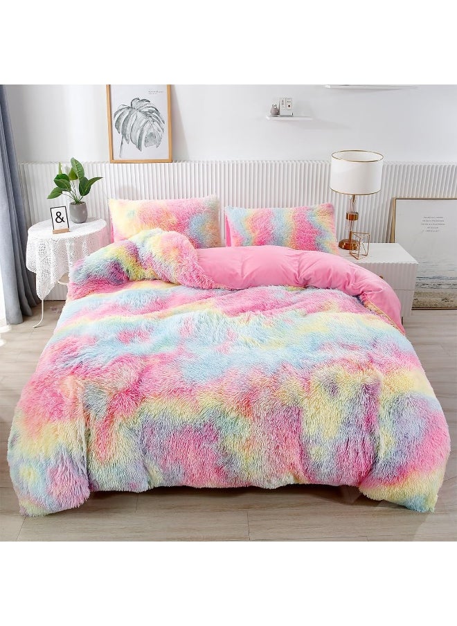 PERFEMET 3 Pcs Faux Fur Pink Comforter Set Queen Fluffy Shaggy Tie Dye Bedding Set for Girls Colorful Rainbow Ultra Soft Plush Velvet Furry Bedding Quilt Set(Pink, Queen)