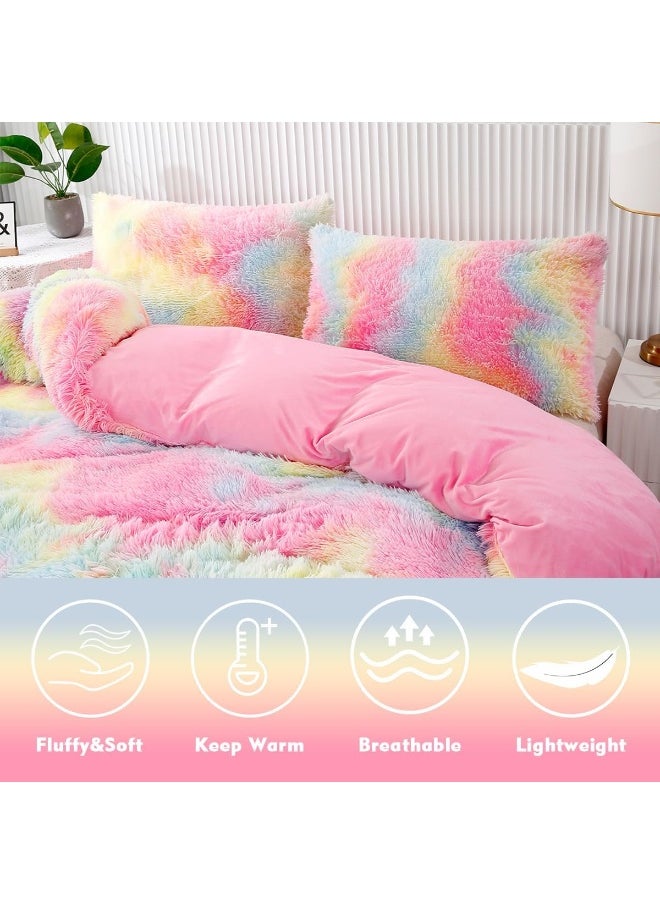 PERFEMET 3 Pcs Faux Fur Pink Comforter Set Queen Fluffy Shaggy Tie Dye Bedding Set for Girls Colorful Rainbow Ultra Soft Plush Velvet Furry Bedding Quilt Set(Pink, Queen)