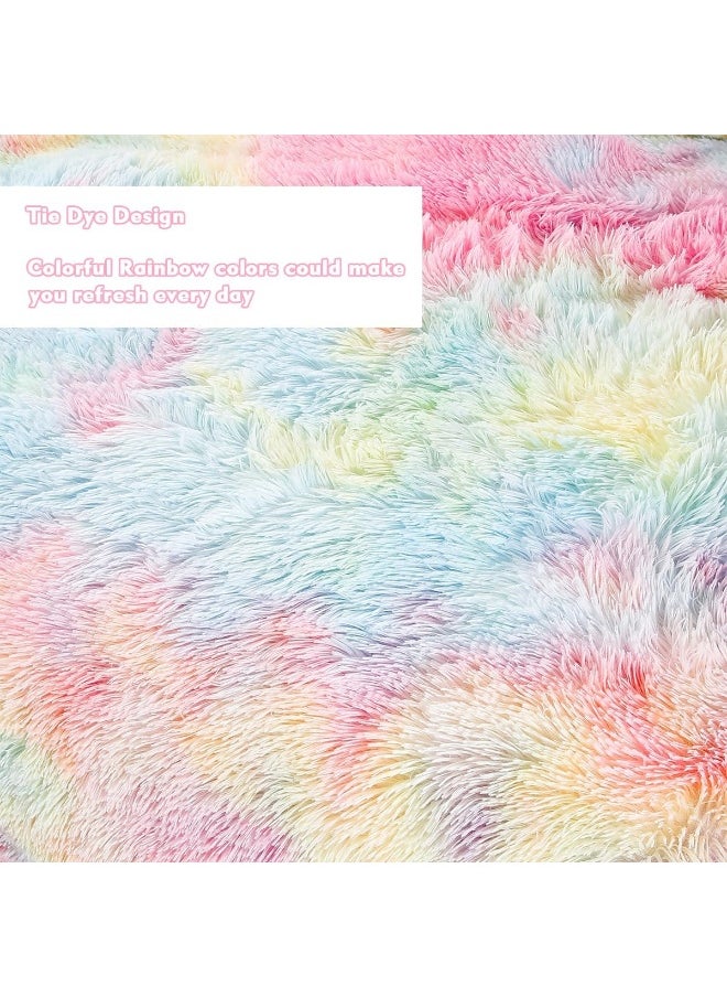 PERFEMET 3 Pcs Faux Fur Pink Comforter Set Queen Fluffy Shaggy Tie Dye Bedding Set for Girls Colorful Rainbow Ultra Soft Plush Velvet Furry Bedding Quilt Set(Pink, Queen)