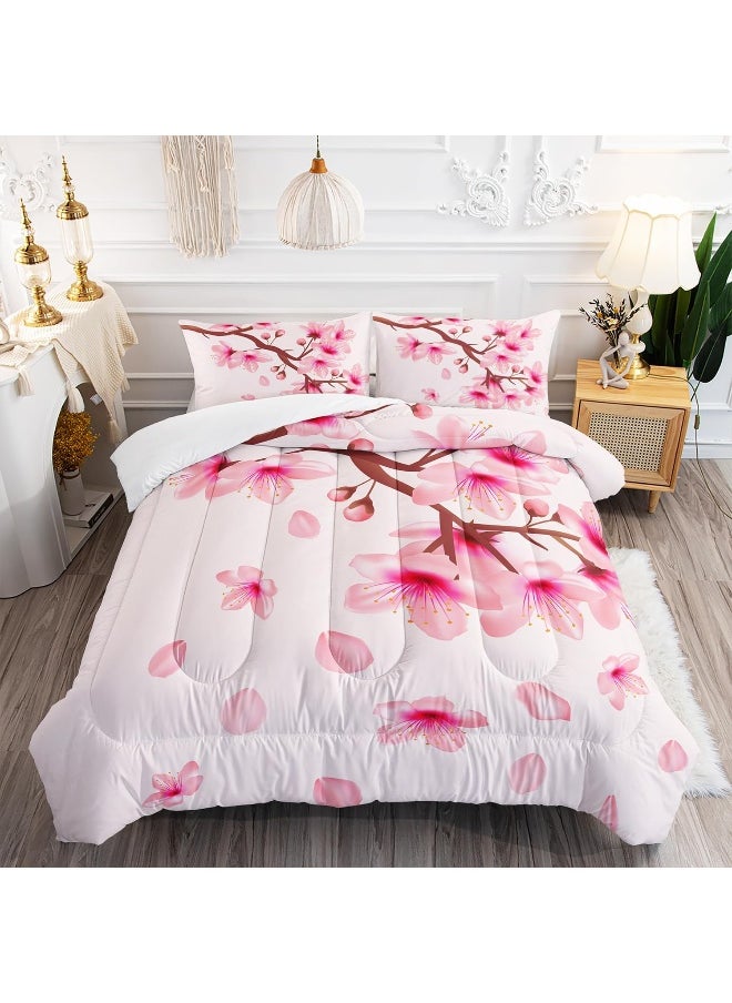 XYNHML Cherry Blossoms Comforter Set Twin Size 3Pcs Romantic Theme Pink Bedding Set Girl Floral Down Quilt with 1 Comforter and 2 Pillowcases