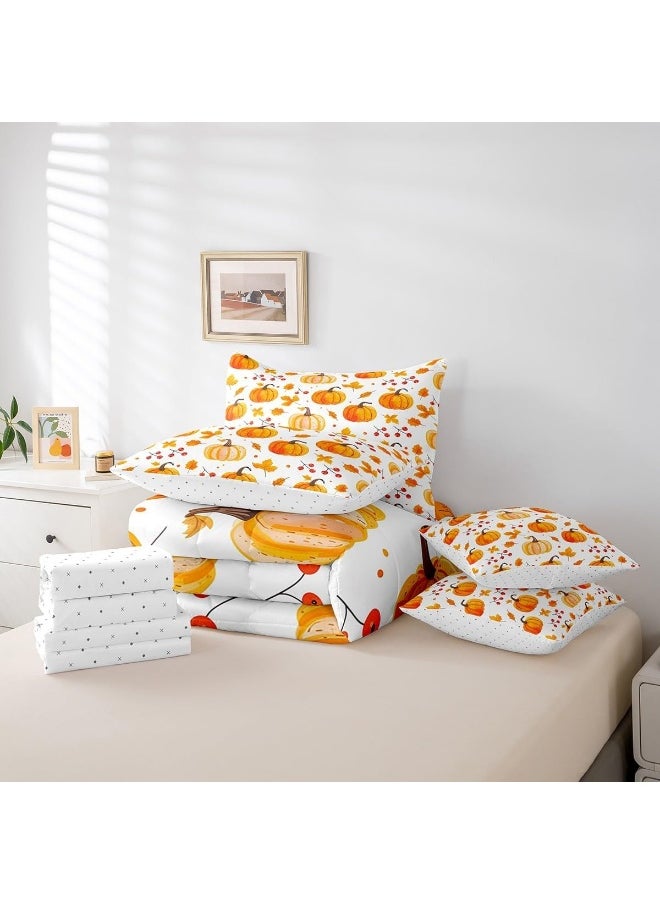 Erosebridal 7Pcs Pumpkin Comforter Sets Twin Size, Happy Fall Y'all Comforter Set Autumn Leaves Bed in a Bag