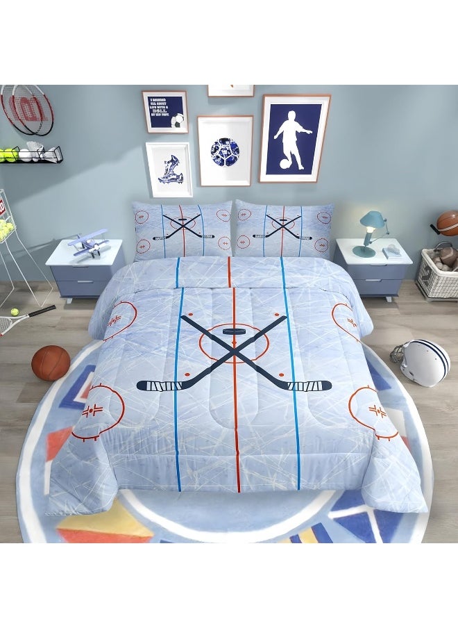 Ice Hockey Kids Comforter Set Twin Size, Hockey Stadium Rink Bedding Set, Boys Girls Adults Bedroom Decor, Winter Event Ball Games Lovers Down Comforter, Modern Stylish Duvet Insert, 2pcs, 1 Pillowcase