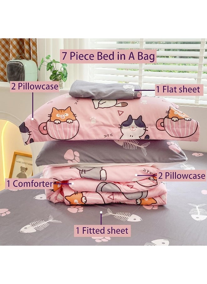 Gusuhome 7 Piece Girls Cat Comforter Set Full Size Bed in A Bag Pink Cute Cartoon Pet Cats Bedding Set for Kids Boys Teens