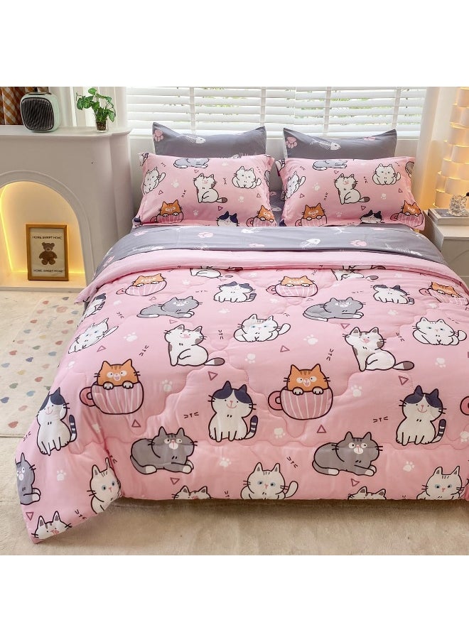 Gusuhome 7 Piece Girls Cat Comforter Set Full Size Bed in A Bag Pink Cute Cartoon Pet Cats Bedding Set for Kids Boys Teens