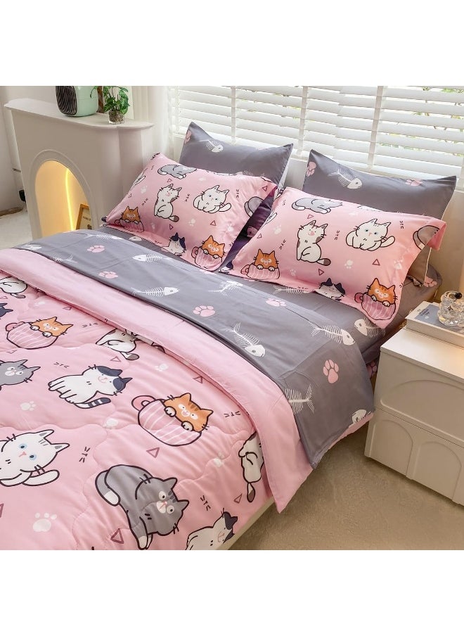 Gusuhome 7 Piece Girls Cat Comforter Set Full Size Bed in A Bag Pink Cute Cartoon Pet Cats Bedding Set for Kids Boys Teens