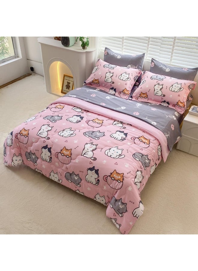 Gusuhome 7 Piece Girls Cat Comforter Set Full Size Bed in A Bag Pink Cute Cartoon Pet Cats Bedding Set for Kids Boys Teens