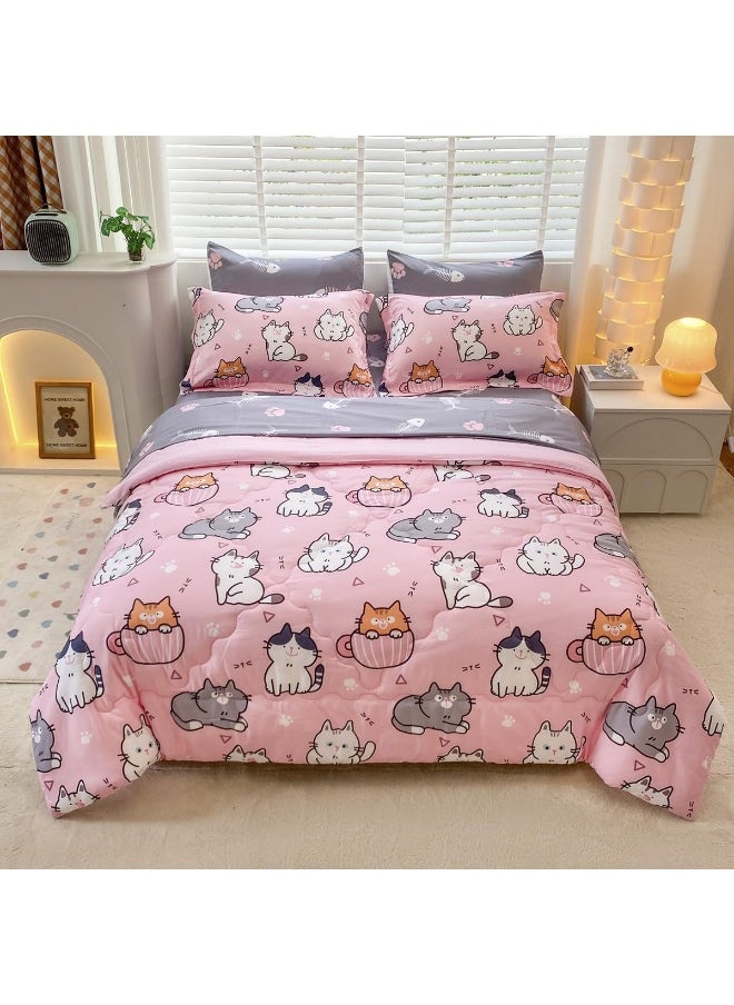Gusuhome 7 Piece Girls Cat Comforter Set Full Size Bed in A Bag Pink Cute Cartoon Pet Cats Bedding Set for Kids Boys Teens