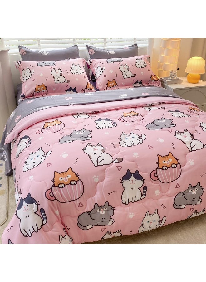 Gusuhome 7 Piece Girls Cat Comforter Set Full Size Bed in A Bag Pink Cute Cartoon Pet Cats Bedding Set for Kids Boys Teens