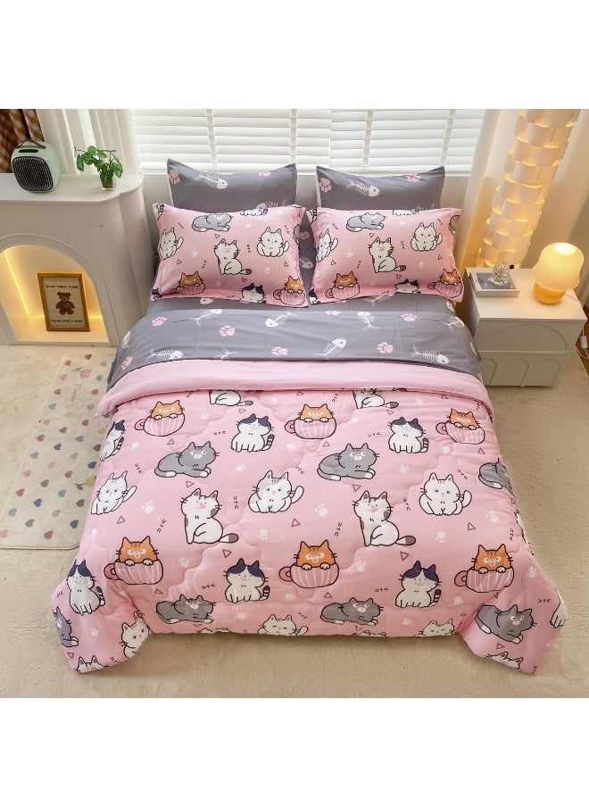 Gusuhome 7 Piece Girls Cat Comforter Set Full Size Bed in A Bag Pink Cute Cartoon Pet Cats Bedding Set for Kids Boys Teens