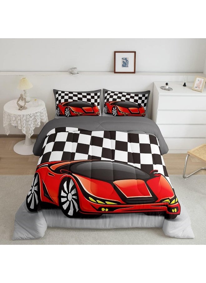 Racing Car Comforter Set, Cool Speed Race Car Down Comforter Twin Size For Kids Boys Girls Teens Bedroom, Automobile Extreme Sport Quilted Duvet Grid Buffalo Duvet Insert With 1 Pillow Cases