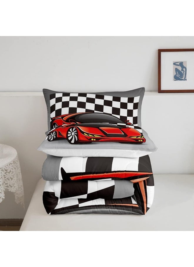 Racing Car Comforter Set, Cool Speed Race Car Down Comforter Twin Size For Kids Boys Girls Teens Bedroom, Automobile Extreme Sport Quilted Duvet Grid Buffalo Duvet Insert With 1 Pillow Cases