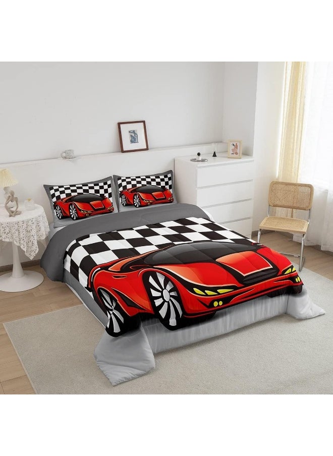 Racing Car Comforter Set, Cool Speed Race Car Down Comforter Twin Size For Kids Boys Girls Teens Bedroom, Automobile Extreme Sport Quilted Duvet Grid Buffalo Duvet Insert With 1 Pillow Cases