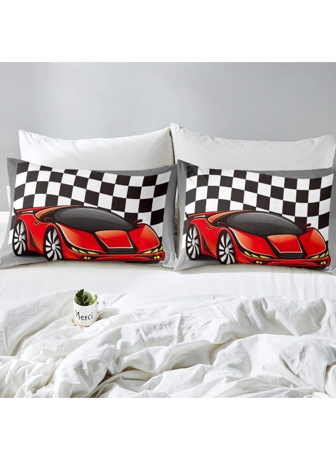 Racing Car Comforter Set, Cool Speed Race Car Down Comforter Twin Size For Kids Boys Girls Teens Bedroom, Automobile Extreme Sport Quilted Duvet Grid Buffalo Duvet Insert With 1 Pillow Cases