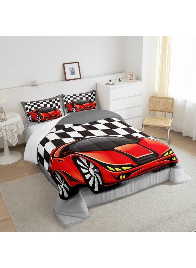 Racing Car Comforter Set, Cool Speed Race Car Down Comforter Twin Size For Kids Boys Girls Teens Bedroom, Automobile Extreme Sport Quilted Duvet Grid Buffalo Duvet Insert With 1 Pillow Cases