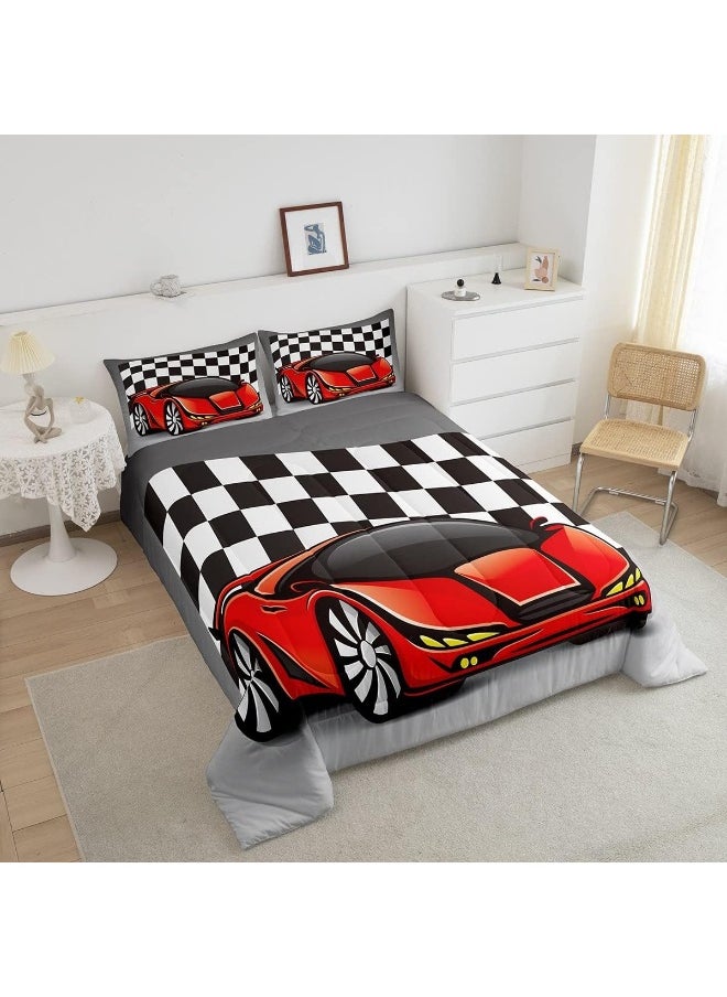 Racing Car Comforter Set, Cool Speed Race Car Down Comforter Twin Size For Kids Boys Girls Teens Bedroom, Automobile Extreme Sport Quilted Duvet Grid Buffalo Duvet Insert With 1 Pillow Cases