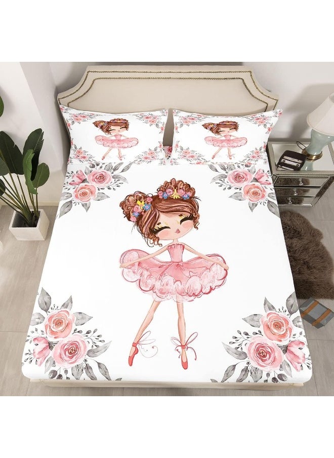 Ballet Bedding Sets Twin for Girls Kids Ballerina Design Fitted Sheet Cute Little Dancers Bedding Rose Flower Print Fitted Bed Sheets Girly Love Gymnastics Bedding Modern Trendy Pink White Bedding