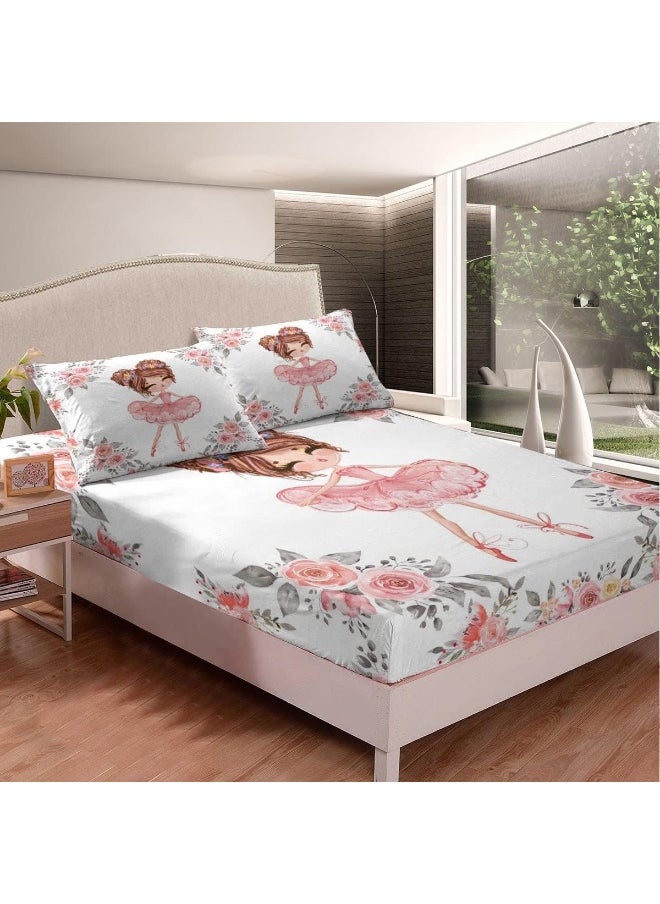 Ballet Bedding Sets Twin for Girls Kids Ballerina Design Fitted Sheet Cute Little Dancers Bedding Rose Flower Print Fitted Bed Sheets Girly Love Gymnastics Bedding Modern Trendy Pink White Bedding