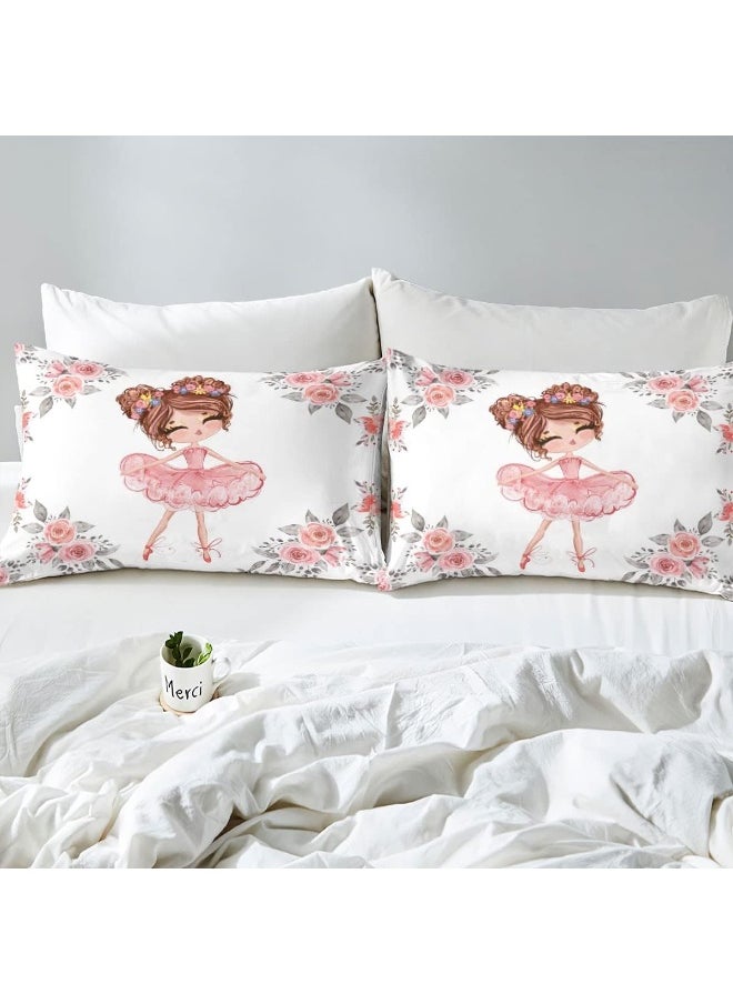 Ballet Bedding Sets Twin for Girls Kids Ballerina Design Fitted Sheet Cute Little Dancers Bedding Rose Flower Print Fitted Bed Sheets Girly Love Gymnastics Bedding Modern Trendy Pink White Bedding