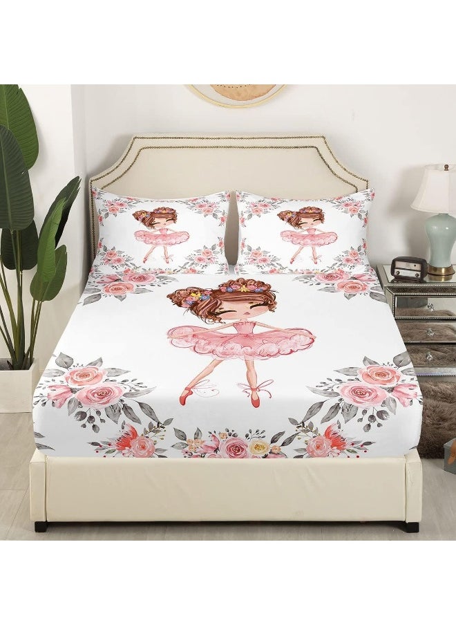 Ballet Bedding Sets Twin for Girls Kids Ballerina Design Fitted Sheet Cute Little Dancers Bedding Rose Flower Print Fitted Bed Sheets Girly Love Gymnastics Bedding Modern Trendy Pink White Bedding