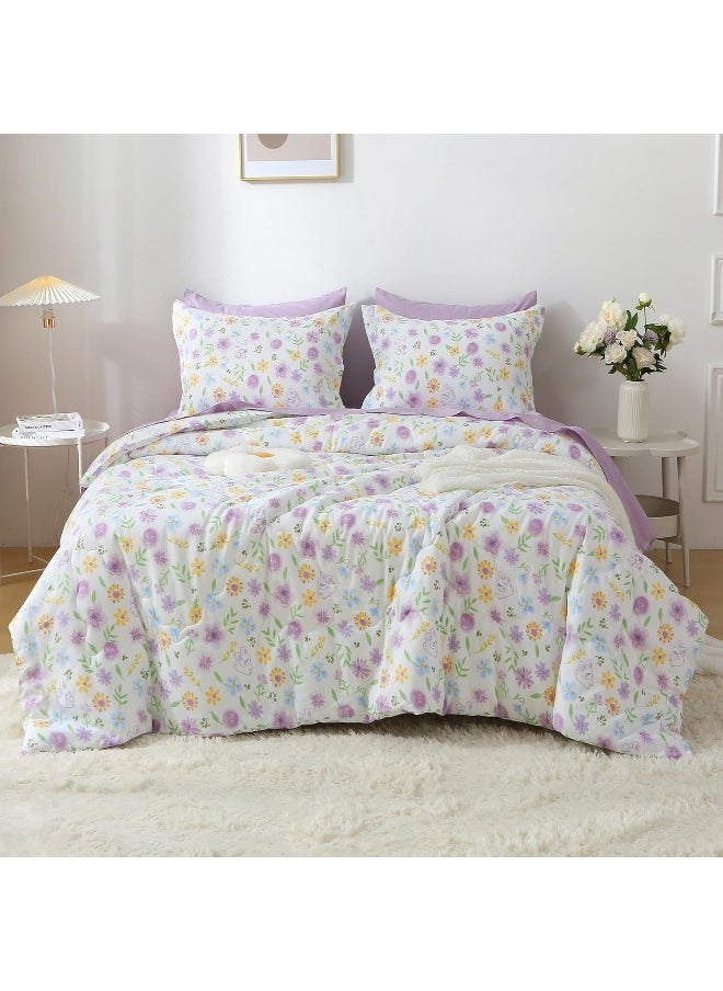 Wajade Floral Comforter Set Bed in A Bag Full Size 7 Piece Purple Flower Green Leaves Rabbits Bedding Set for Girls