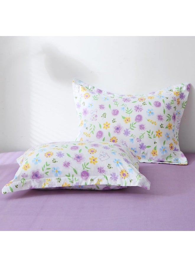 Wajade Floral Comforter Set Bed in A Bag Full Size 7 Piece Purple Flower Green Leaves Rabbits Bedding Set for Girls