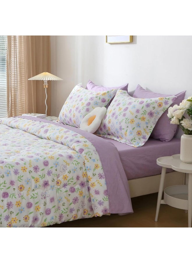 Wajade Floral Comforter Set Bed in A Bag Full Size 7 Piece Purple Flower Green Leaves Rabbits Bedding Set for Girls