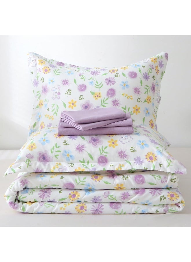 Wajade Floral Comforter Set Bed in A Bag Full Size 7 Piece Purple Flower Green Leaves Rabbits Bedding Set for Girls