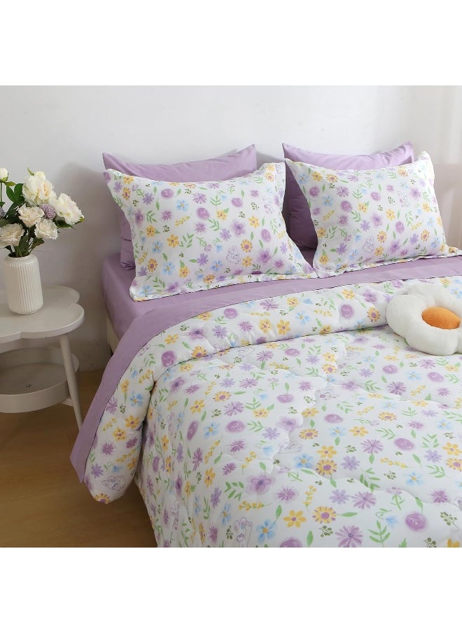 Wajade Floral Comforter Set Bed in A Bag Full Size 7 Piece Purple Flower Green Leaves Rabbits Bedding Set for Girls