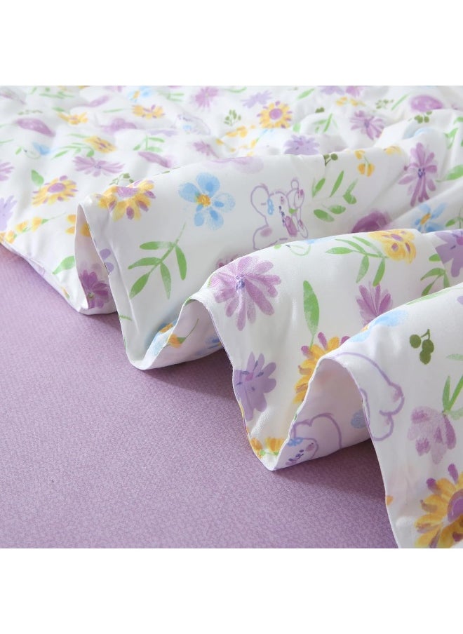 Wajade Floral Comforter Set Bed in A Bag Full Size 7 Piece Purple Flower Green Leaves Rabbits Bedding Set for Girls