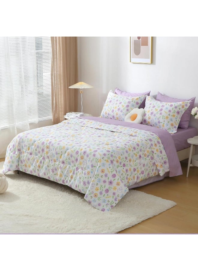 Wajade Floral Comforter Set Bed in A Bag Full Size 7 Piece Purple Flower Green Leaves Rabbits Bedding Set for Girls