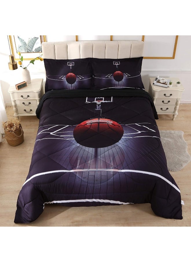 Wowelife Basketball Bedding Twin Set for Boys and Girls, Upgraded 5 Pieces Basketball Comforter Set Black, Comfortable and Breathable for Kids