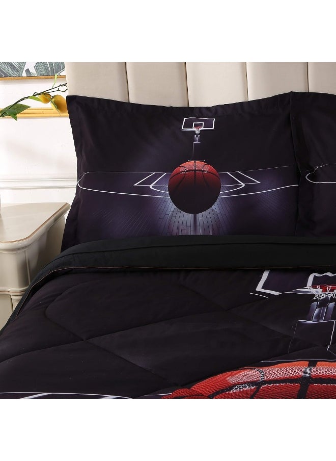 Wowelife Basketball Bedding Twin Set for Boys and Girls, Upgraded 5 Pieces Basketball Comforter Set Black, Comfortable and Breathable for Kids