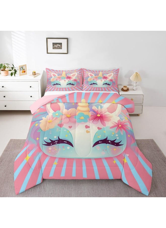Erosebridal Little Girls Unicorn Bedding Sets Queen with Pillowcase, Cute Unicorn Comforter for Kids and Adults, Pink Rainbow Star Rose Floral Bedding Comforter Sets Unicorn Bedroom Decor