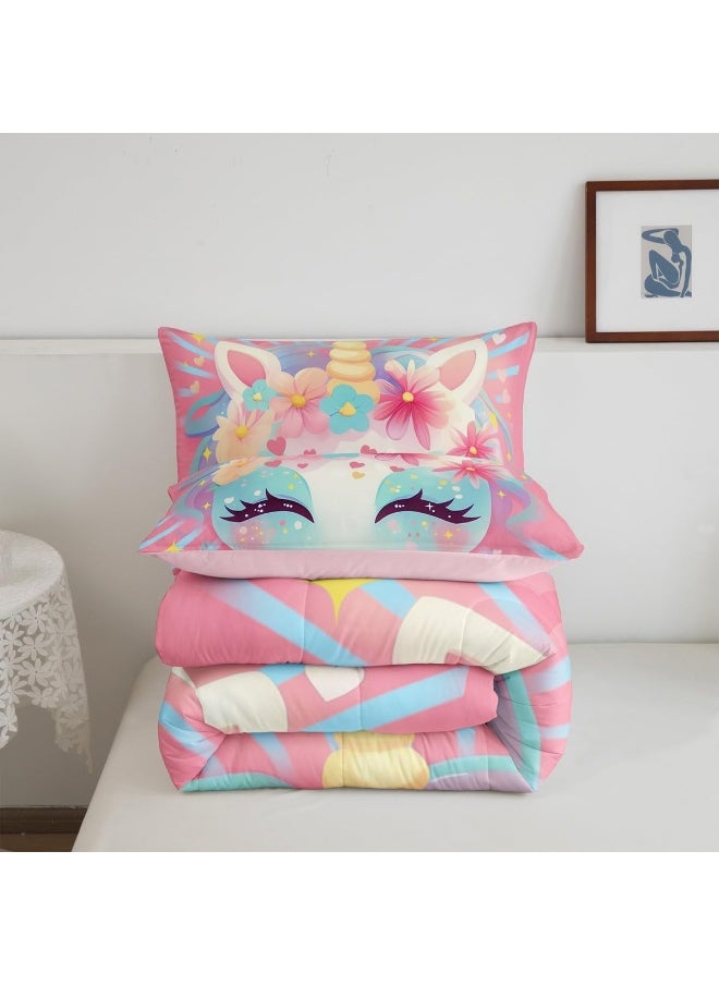 Erosebridal Little Girls Unicorn Bedding Sets Queen with Pillowcase, Cute Unicorn Comforter for Kids and Adults, Pink Rainbow Star Rose Floral Bedding Comforter Sets Unicorn Bedroom Decor