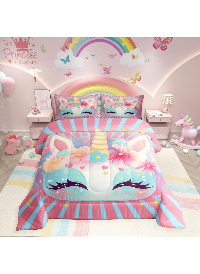 Erosebridal Little Girls Unicorn Bedding Sets Queen with Pillowcase, Cute Unicorn Comforter for Kids and Adults, Pink Rainbow Star Rose Floral Bedding Comforter Sets Unicorn Bedroom Decor