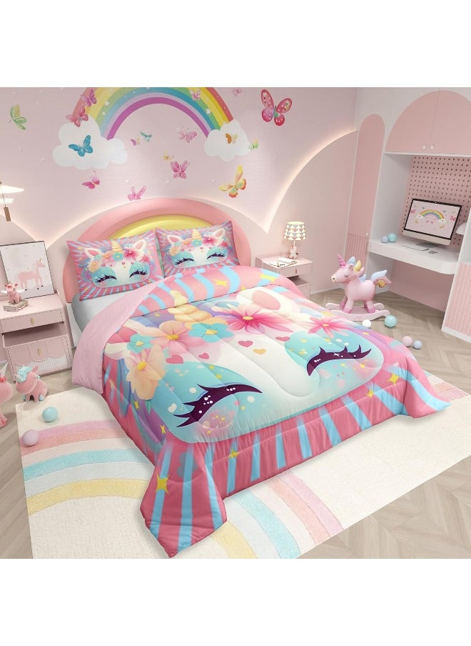 Erosebridal Little Girls Unicorn Bedding Sets Queen with Pillowcase, Cute Unicorn Comforter for Kids and Adults, Pink Rainbow Star Rose Floral Bedding Comforter Sets Unicorn Bedroom Decor