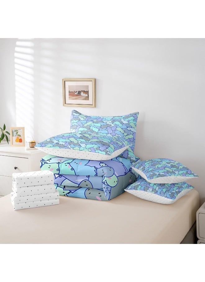 Feelyou Kids Hippos Comforter Set Full Size 7 Pieces Comforters Cute Hippopotamus Bedding Set Cartoon Animal Themed Bed Set Bed in a Bag with Comforter, Sheets, Pillowcases & Cushion Covers