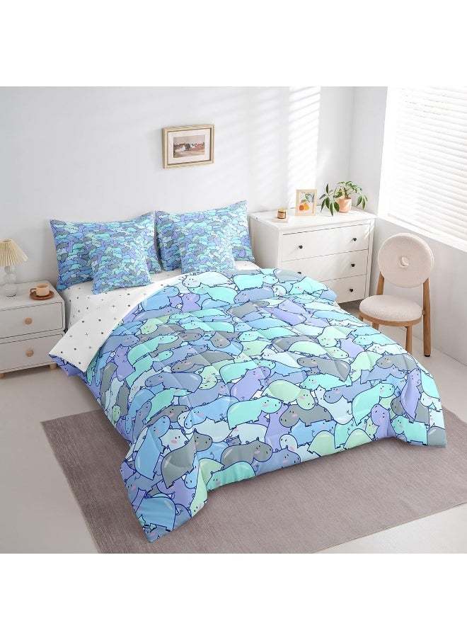 Feelyou Kids Hippos Comforter Set Full Size 7 Pieces Comforters Cute Hippopotamus Bedding Set Cartoon Animal Themed Bed Set Bed in a Bag with Comforter, Sheets, Pillowcases & Cushion Covers