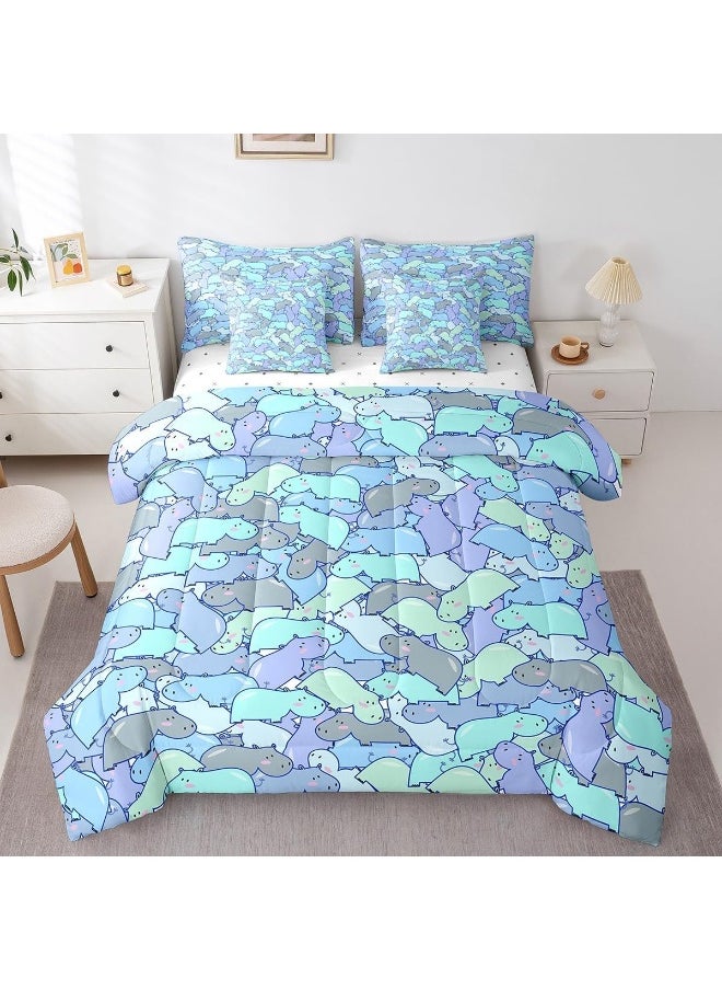 Feelyou Kids Hippos Comforter Set Full Size 7 Pieces Comforters Cute Hippopotamus Bedding Set Cartoon Animal Themed Bed Set Bed in a Bag with Comforter, Sheets, Pillowcases & Cushion Covers