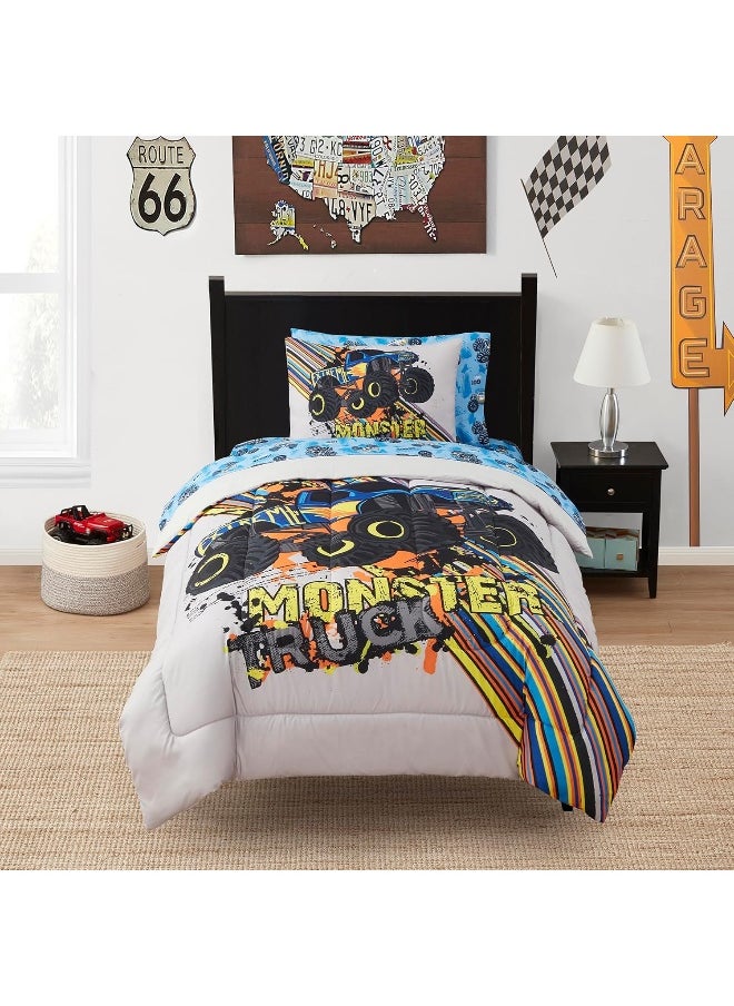 Sweet Home Collection Kids Bedding Set Bed in a Bag for Boys and Girls Toddlers Printed Set and Comforter, Twin, Monster Truck