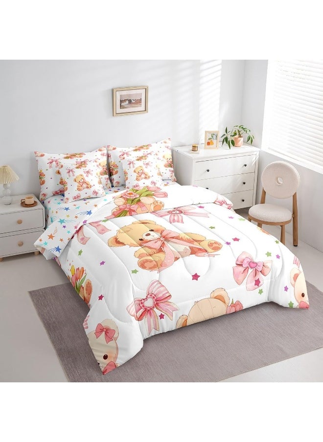 Feelyou Pink Bowknot Bedding Set All Season King Size Cute Bear Comforter Set 7 Pieces Dreamy Princess Style Toy Bear Cute Bow Girly Bed in a Bag Flower Bed Set with Comforter, Sheet Set, Pillowcases