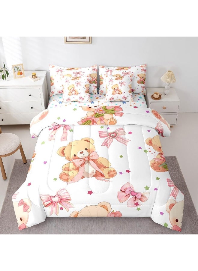 Feelyou Pink Bowknot Bedding Set All Season King Size Cute Bear Comforter Set 7 Pieces Dreamy Princess Style Toy Bear Cute Bow Girly Bed in a Bag Flower Bed Set with Comforter, Sheet Set, Pillowcases
