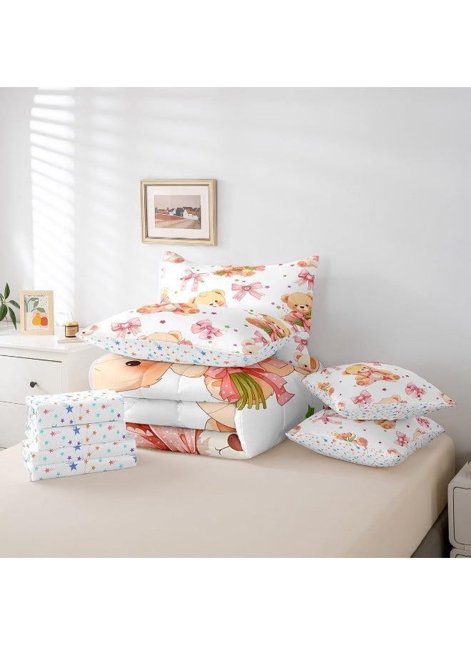 Feelyou Pink Bowknot Bedding Set All Season King Size Cute Bear Comforter Set 7 Pieces Dreamy Princess Style Toy Bear Cute Bow Girly Bed in a Bag Flower Bed Set with Comforter, Sheet Set, Pillowcases