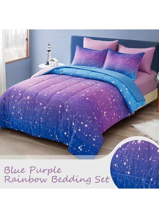 Drucon Rainbow Comforter Set Queen Size for Teen Girl & Boys, 7 Pieces Bed in A Bag Blue Purple Rainbow Bedding Set Queen Size
