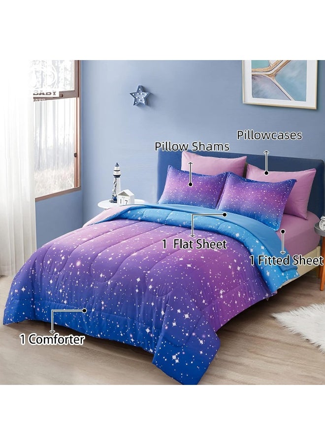 Drucon Rainbow Comforter Set Queen Size for Teen Girl & Boys, 7 Pieces Bed in A Bag Blue Purple Rainbow Bedding Set Queen Size