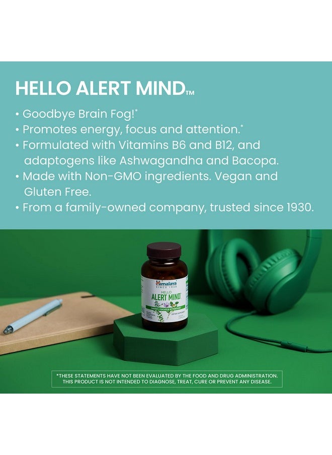 Himalaya Hello Alert Mind With Ashwagandha, Bacopa, L-Theanine, Vitamin B6 & B12, For Energy, Focus & Attention, Vegan, Gluten Free, 60 Capsules