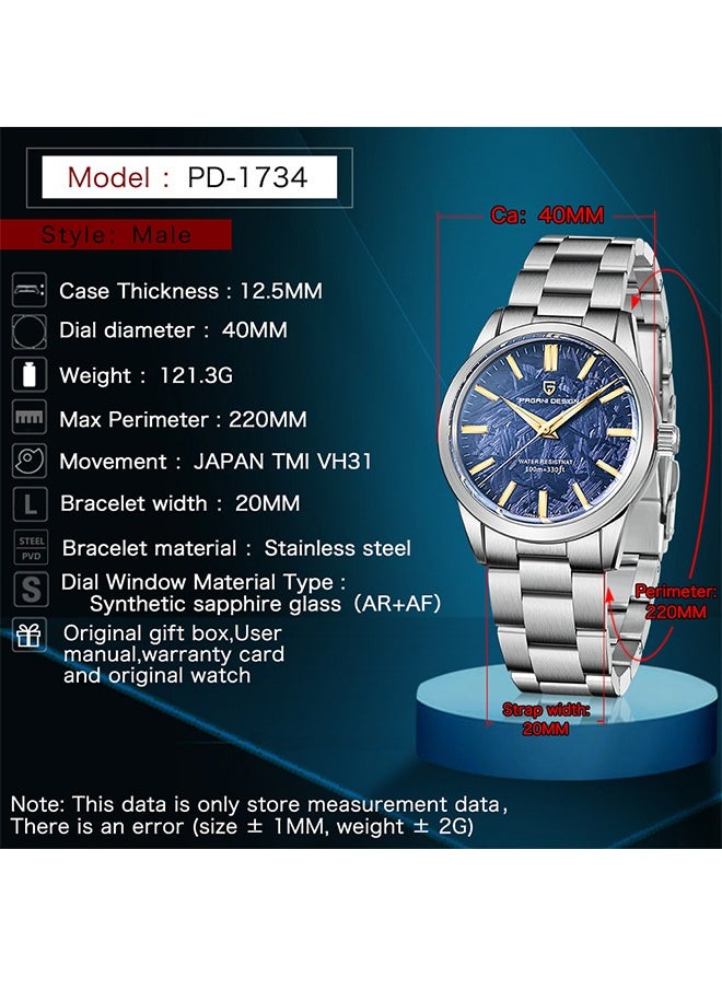 PD1734 Quartz Men's Watches 40mm Full Stainless Steel VH31 Movement Business Waterproof Wrist Watches for Men,Silver Blue