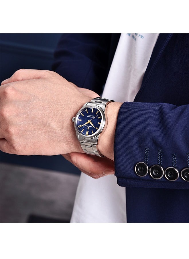 PD1734 Quartz Men's Watches 40mm Full Stainless Steel VH31 Movement Business Waterproof Wrist Watches for Men,Silver Blue