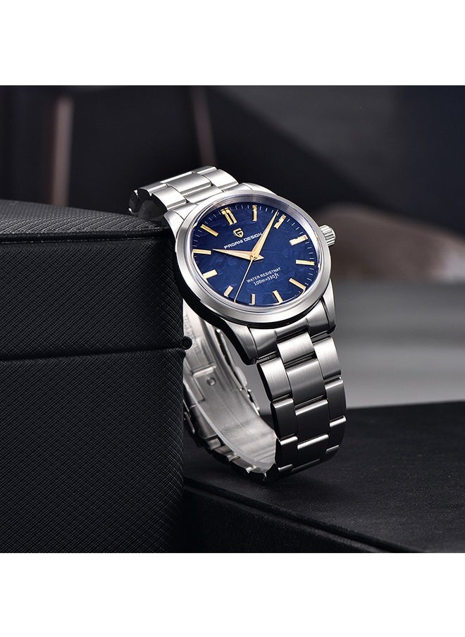 PD1734 Quartz Men's Watches 40mm Full Stainless Steel VH31 Movement Business Waterproof Wrist Watches for Men,Silver Blue